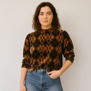 Vintage Jason Maxwell Velour Mock Neck Top Harlequin Diamond Print Large 70s 80s